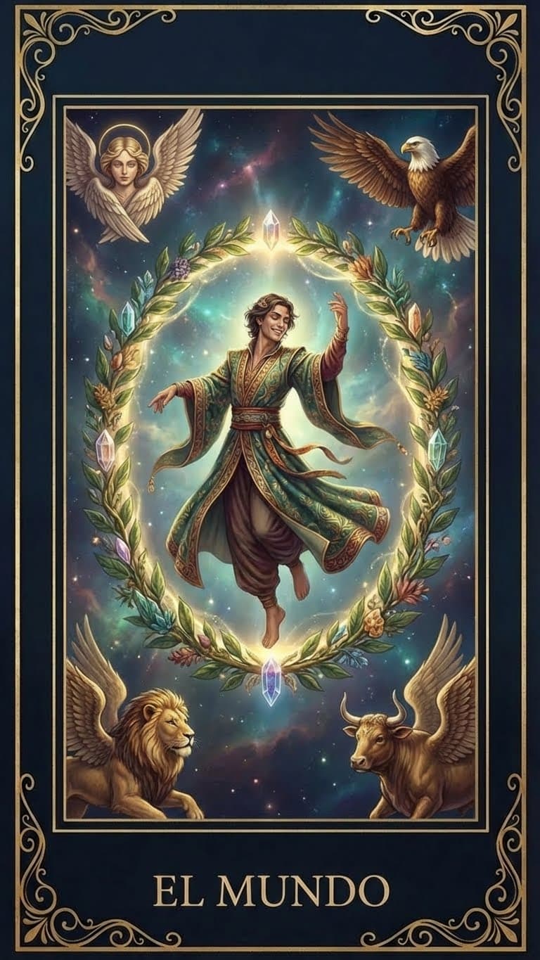 Carta del Mundo en tarot místico representando plenitud y ciclos cumplidos